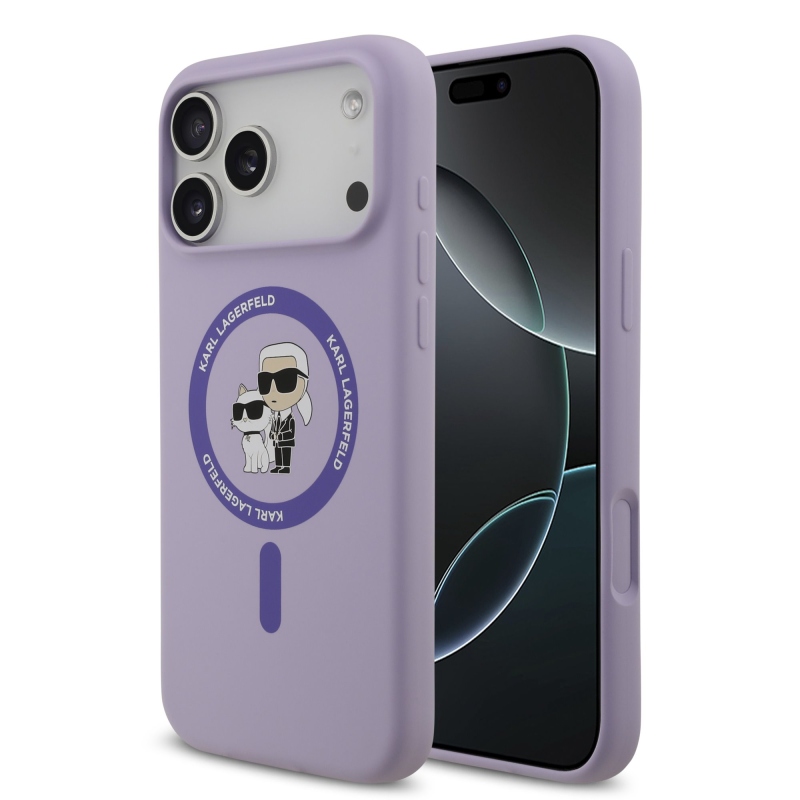 Tekutý silikónový kryt Karl Lagerfeld Karl and Choupette MagSafe Back Cover pre iPhone 17 Pro Max Purple