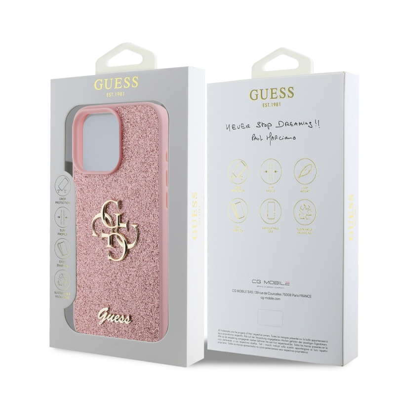 Guess PU Fixed Glitter 4G Metal Logo Zadný Kryt pre iPhone 16 Pro Pink