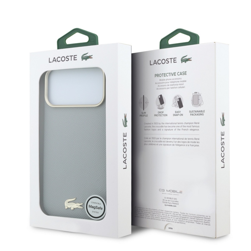 Lacoste PU kožený kryt Champs-Élysées so zlatým logom a MagSafe pre iPhone 18 Pro, svetlošedý