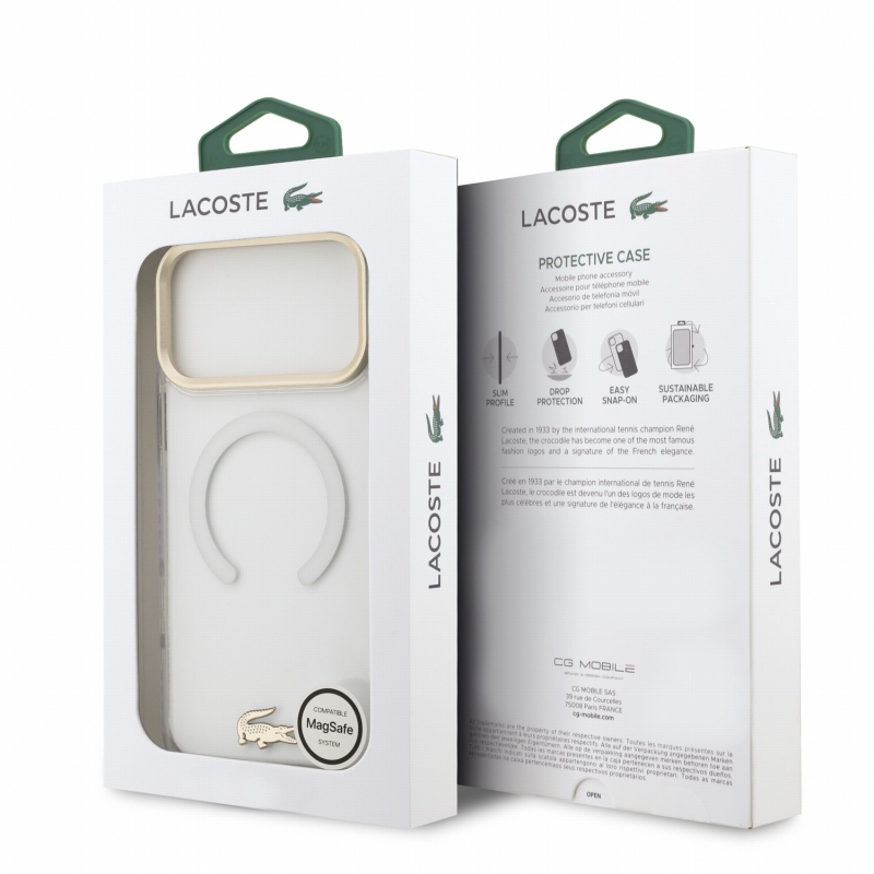 Lacoste IML Shockproof Petit Pique Gold Logo MagSafe zadný kryt pre iPhone 18 Pro Max, priehľadný