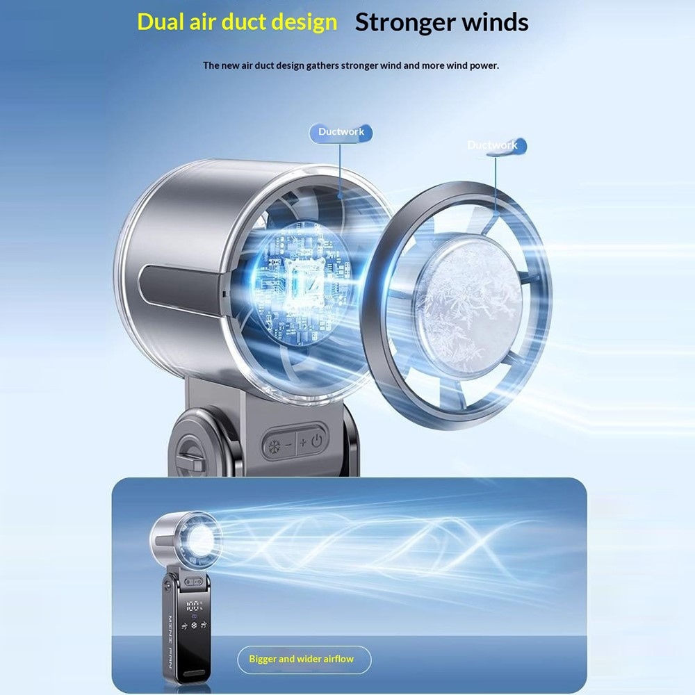 Mini přenosný ventilátor 3v1 s chladením a LED displejem - fialový