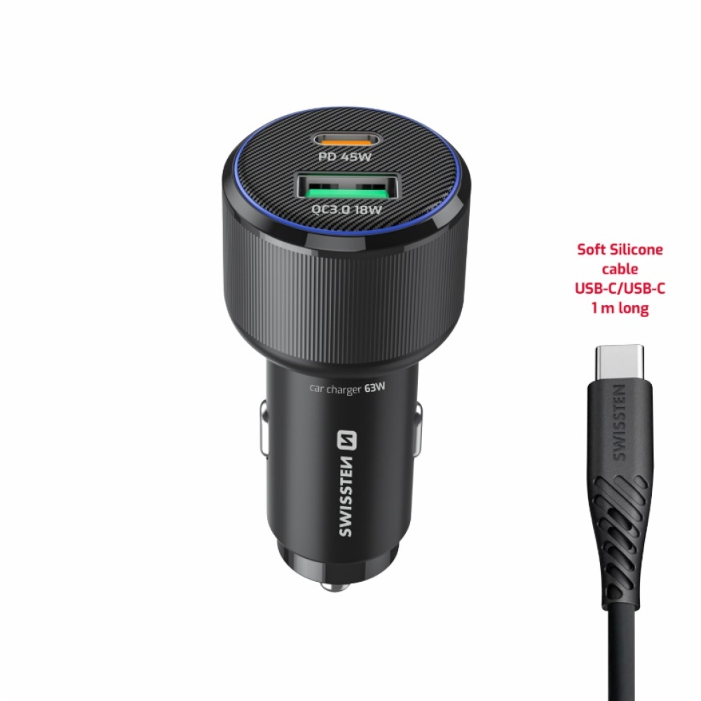 Swissten CL adaptér USB-C PD + USB-A, 63W - čierny + kábel USB-C / USB-C, 1m