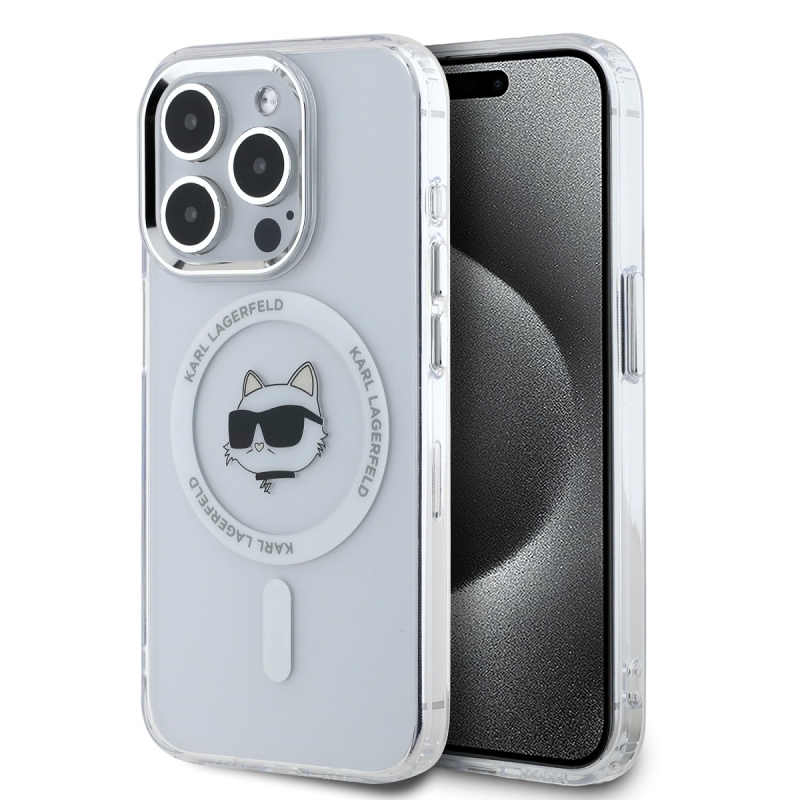 Karl Lagerfeld IML Chúpette Head Metal Frame MagSafe Zadný Kryt pre iPhone 15 Pro Transparent