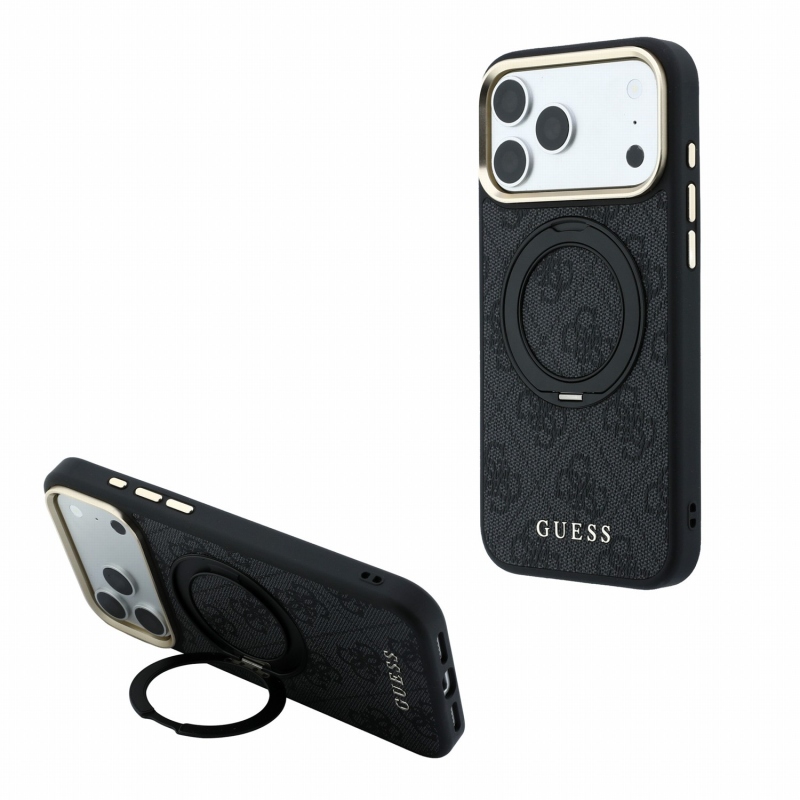 Guess PU 4G Ring Stand MagSafe zadný kryt pre iPhone 18 Pro, čierny