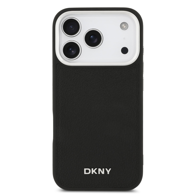 DKNY PU kožený kovový kryt s logom na zápästie MagSafe Back Cover pre iPhone 17 Pro Black