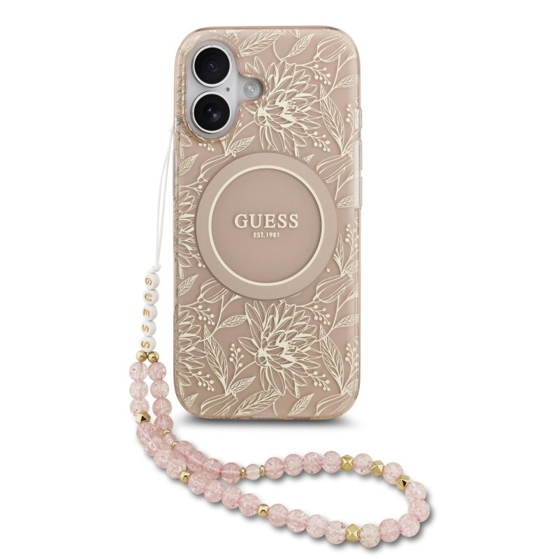 Guess IML Flowers Allover Strap MagSafe zadný kryt pre iPhone 17 Pink