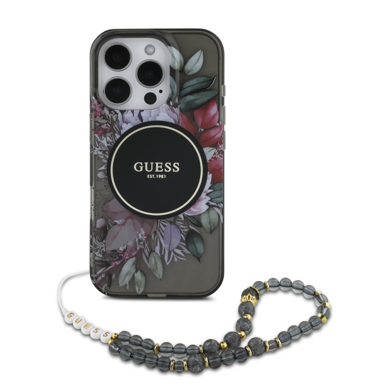 Guess IML Flowers Pearl Strap MagSafe Zadný Kryt pre iPhone 16 Pro Max Black