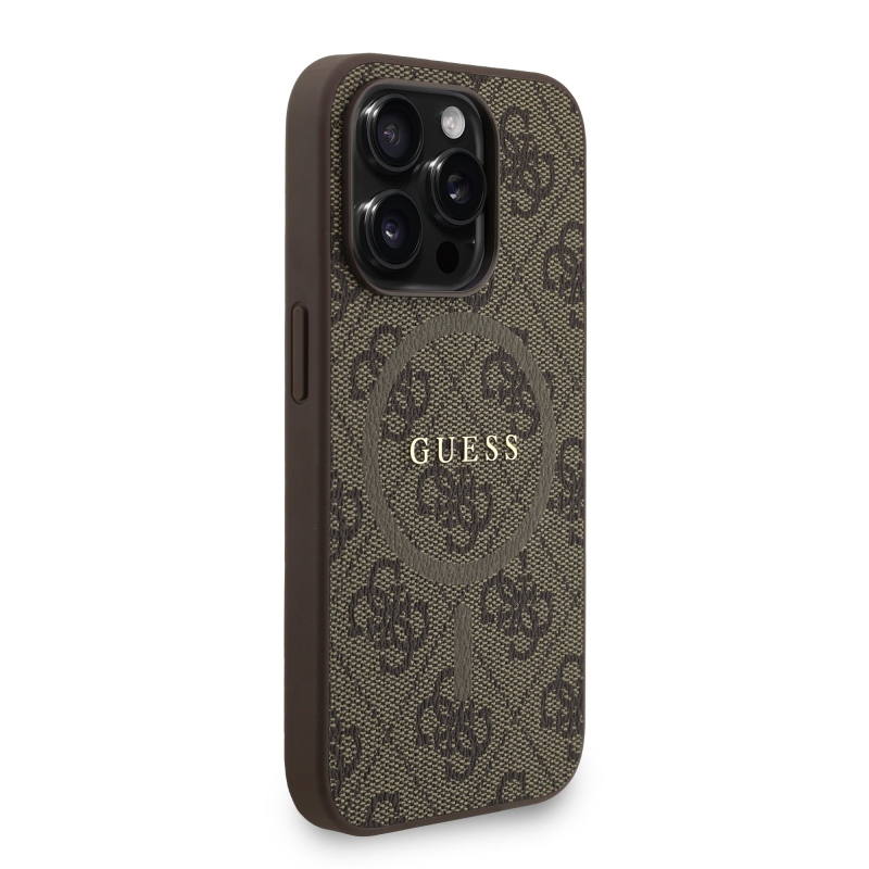 Guess PU Leather 4G Colored Ring Strap MagSafe Zadný Kryt pre iPhone 15 Pro Brown