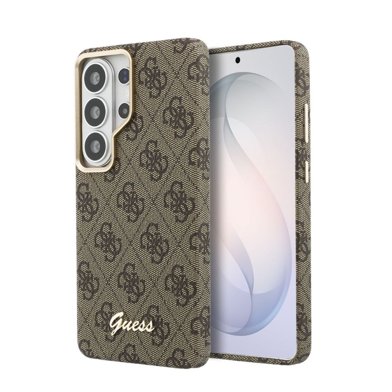 Guess PU 4G Script Metal Logo Magnetický zadný kryt pre Samsung Galaxy S26 Ultra Brown