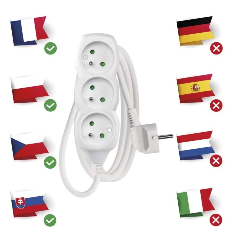 Predlžovací kábel 1,5 m / 3 zásuvky / biely / PVC / 1 mm2