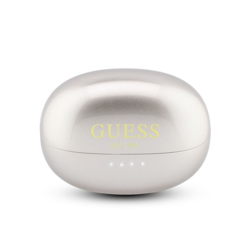 Bezdrôtové slúchadlá Guess s metalickým povrchom, klasickým logom a technológiou OWS, zlaté