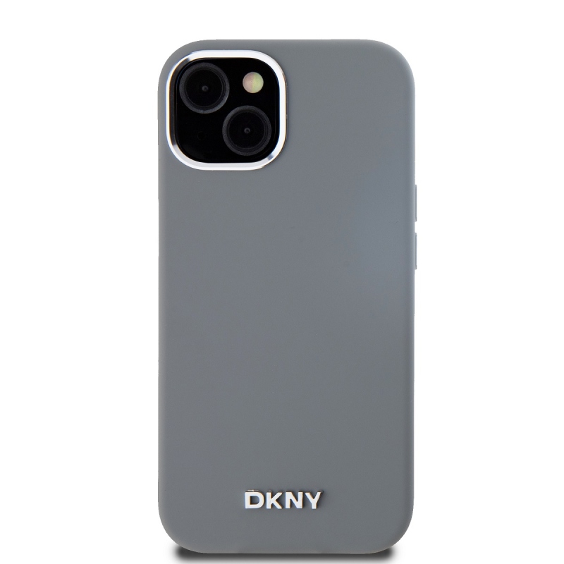 DKNY Liquid Silicone Silver Metal Logo Magsafe Zadný Kryt pre iPhone 15 Grey