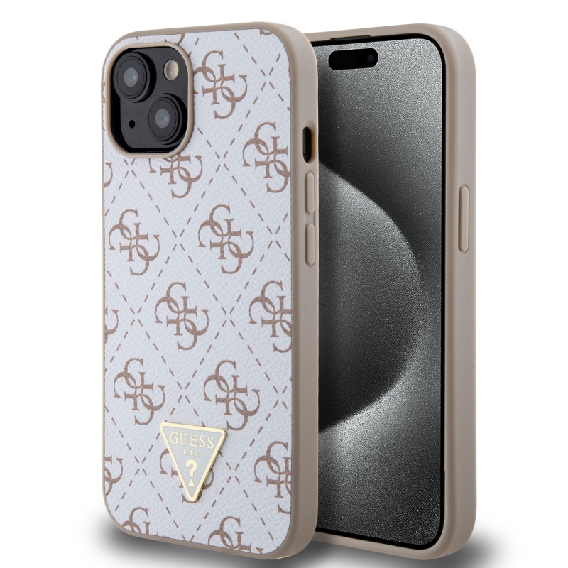 Guess PU Leather 4G Triangle Metal Logo Zadný Kryt pre iPhone 15 White