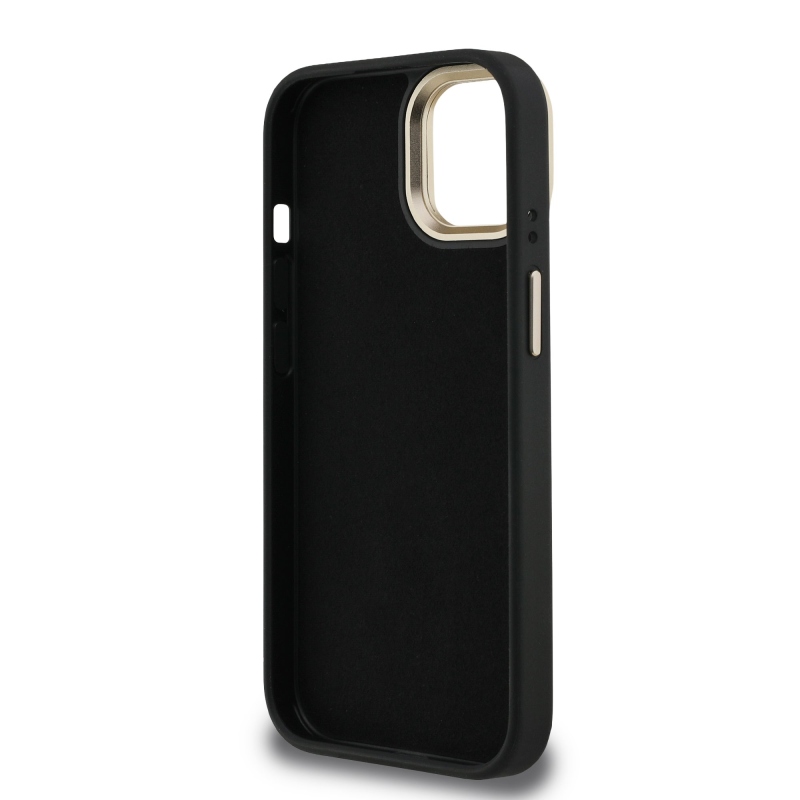 Guess PU 4G Metal Logo Stand Camera Frame Zadný Kryt pre iPhone 15 Black