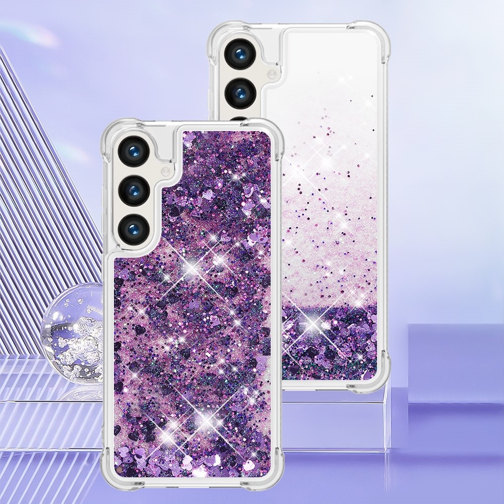 Glitter presýpací gélový obal na mobil Samsung Galaxy S24+ - tmavofialový/srdiečka