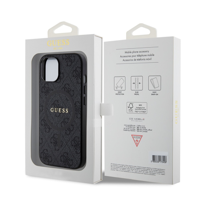 Guess PU Leather 4G Colored Ring MagSafe Zadný Kryt pre iPhone 15 Black