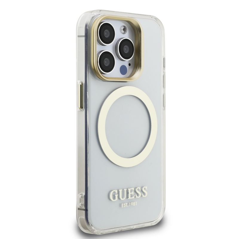 Guess IML Gold Outline Stand Camera Frame MagSafe Zadný Kryt pre iPhone 15 Pro Transparent