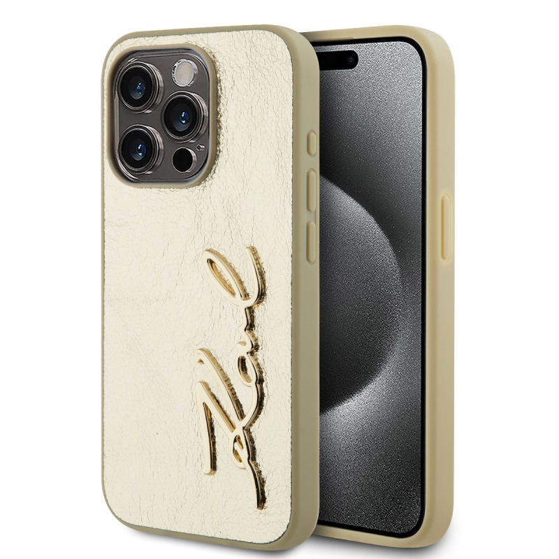 Karl Lagerfeld Wrinkled PU Signature Logo Zadný Kryt pre iPhone 15 Pro Max Gold