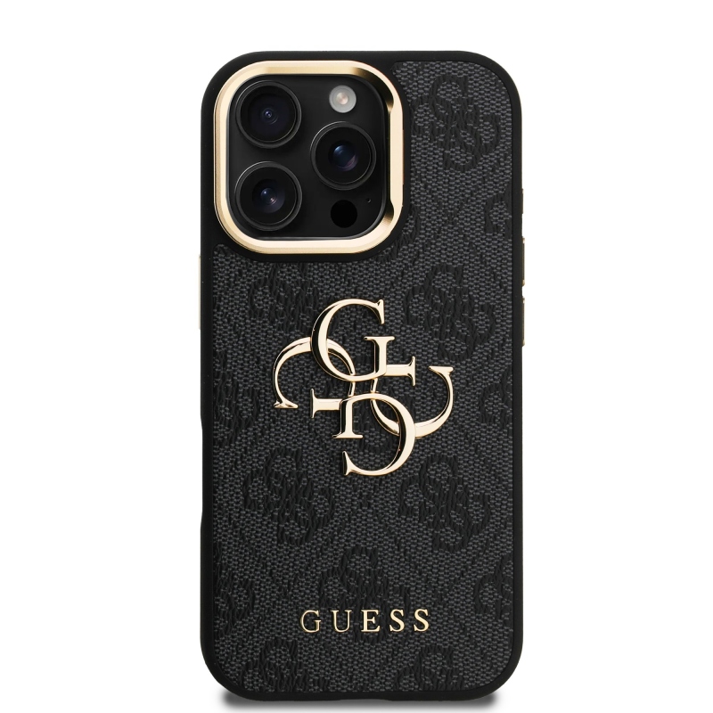 Guess PU 4G Metal Logo Stand Camera Frame Zadný Kryt pre iPhone 16 Pro Max Black