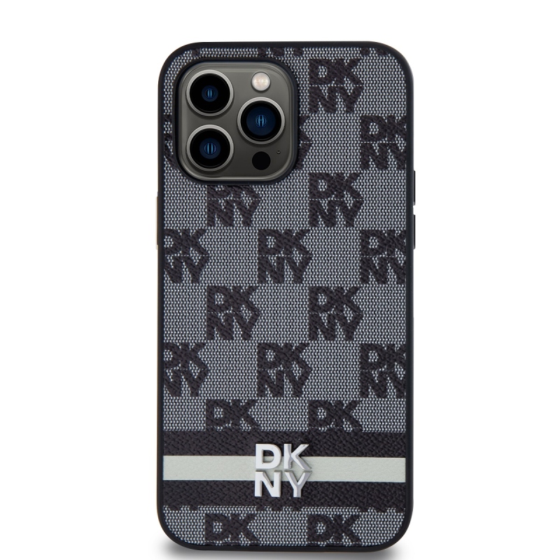 DKNY PU Leather Checkered Pattern and Stripe Zadný Kryt pre iPhone 15 Pro Max Black