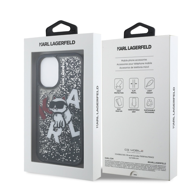 Karl Lagerfeld Liquid Glitter Scattered Choupette Zadní Kryt pro iPhone 16 Black