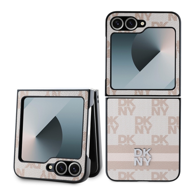 DKNY PU Leather Checkered Pattern and Stripe Zadný Kryt pre Samsung Galaxy Z Flip 6 Pink