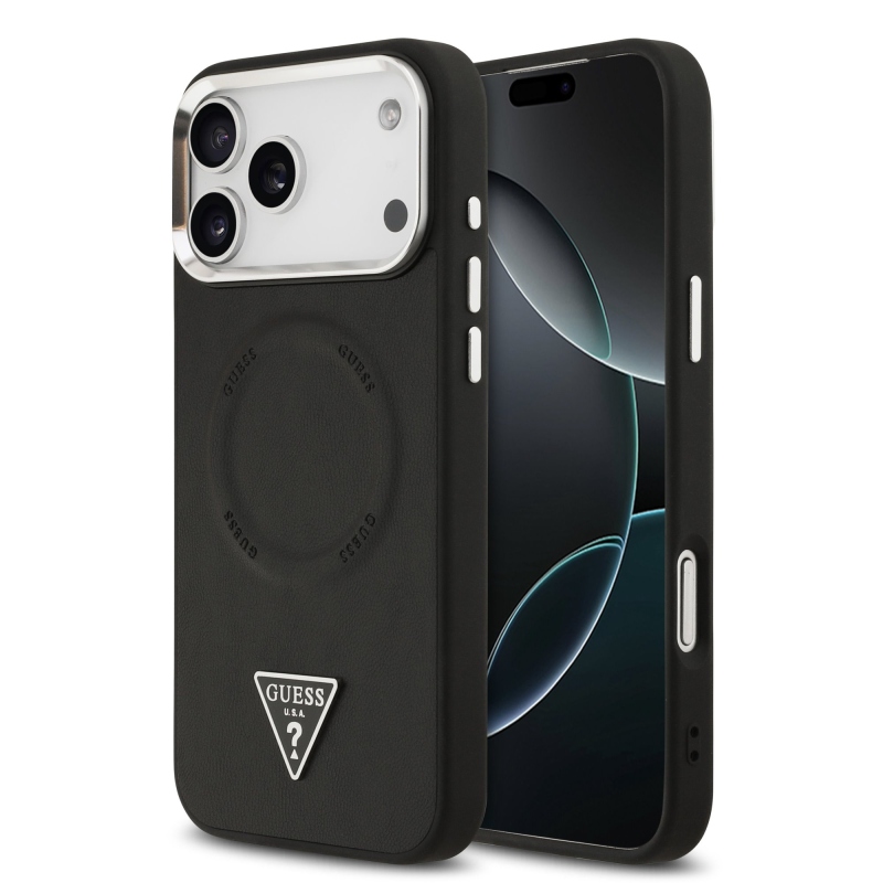 Guess PU kožený zadný kryt MagSafe s trojuholníkovým logom pre iPhone 17 Pro Black