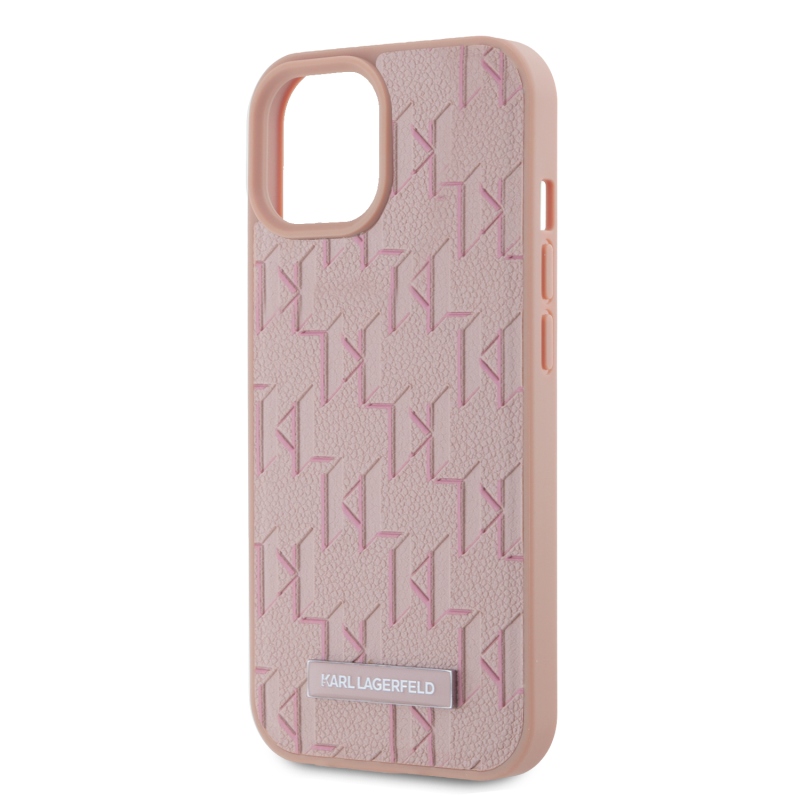 Karl Lagerfeld PU Leather Monogram Metal Logo Magsafe Zadný Kryt pre iPhone 15 Pink