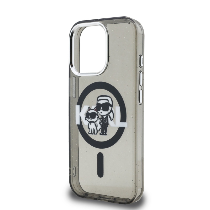 Karl Lagerfeld IML Glitter Karl and Choupette Sketch MagSafe Zadný Kryt pre iPhone 15 Pro Black