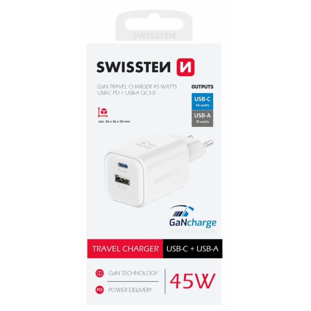 Nabíjačka Swissten GaN 1x USB-C 45W PD + 1x USB-A 18W QC - biela