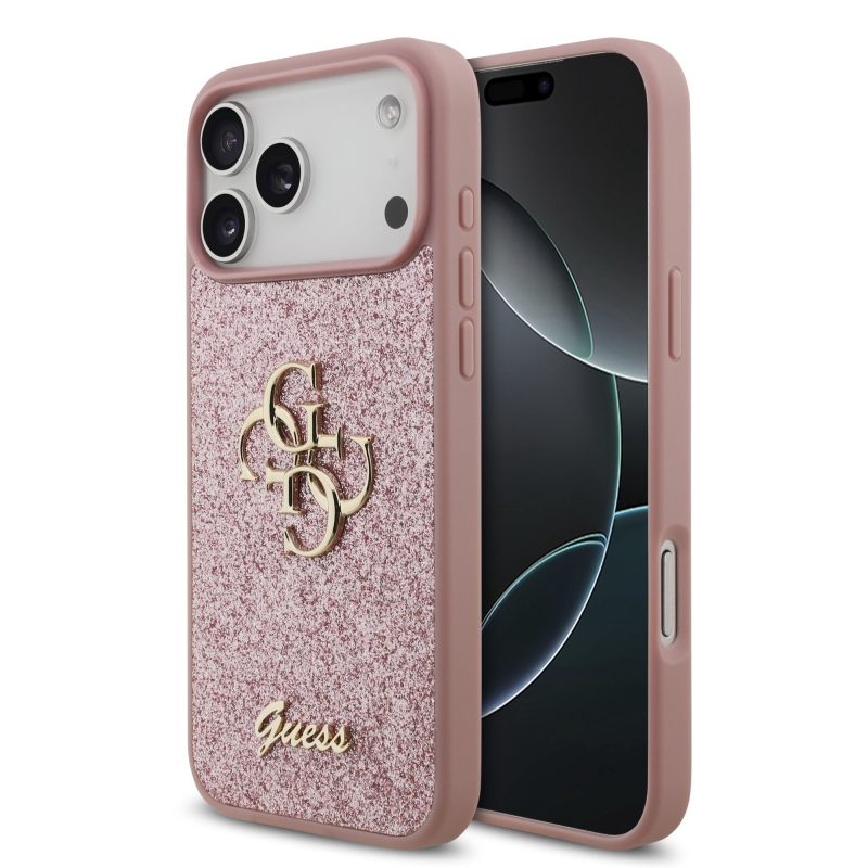 Guess PU Fixed Glitter 4G Metal Logo – zadný kryt pre iPhone 18 Pro Max v ružovej farbe