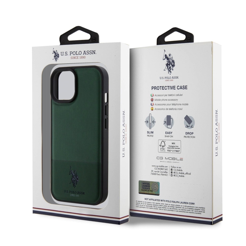 U.S. Polo PU Leather Mesh Pattern Double Horse Zadný Kryt pre iPhone 15 Green