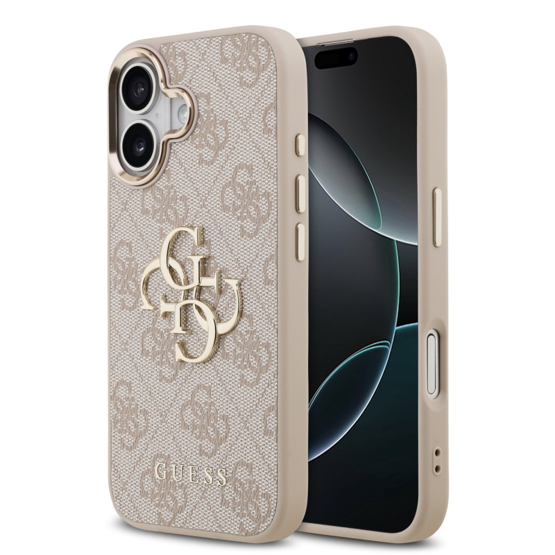 Guess PU kožený 4G kovové logo Gold Frame zadný kryt pre iPhone 17 Pink