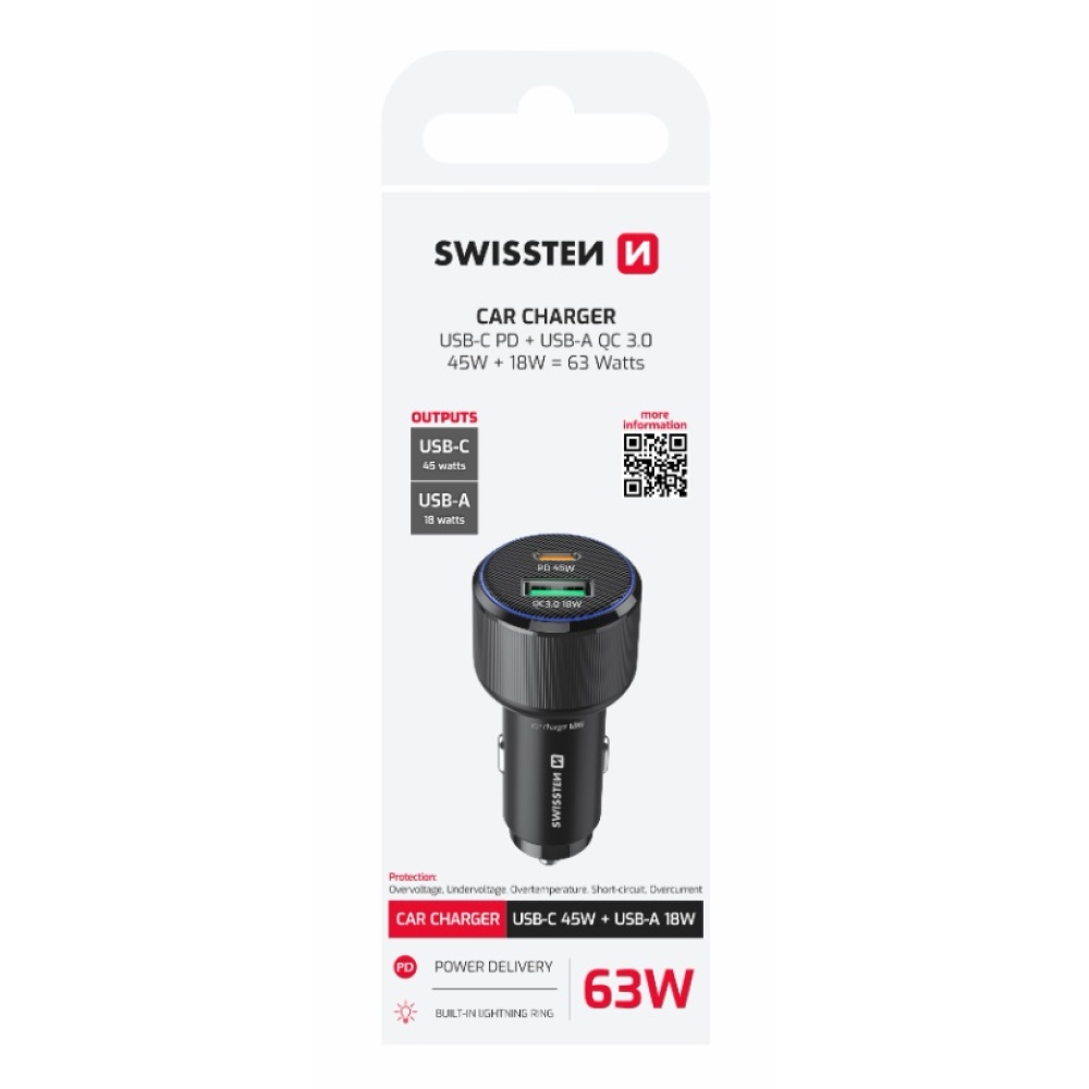 Swissten CL adaptér USB-C PD + USB-A, 63W - čierny