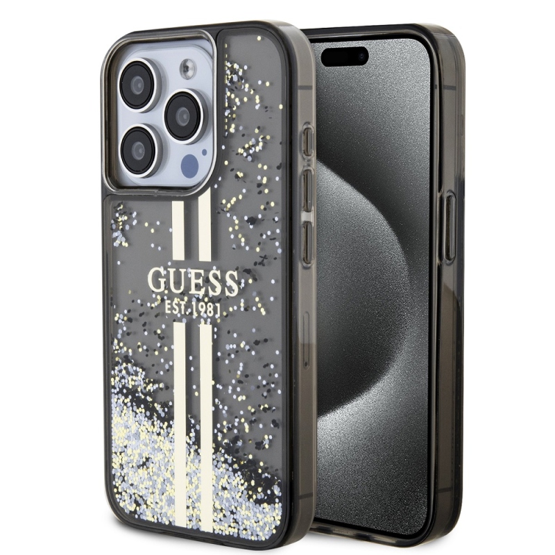 Guess PC/TPU Liquid Glitter Gold Stripe Zadný Kryt pre iPhone 15 Pro Black