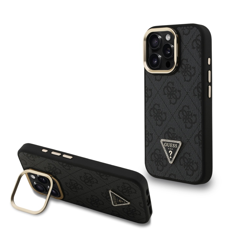 Guess PU 4G Strass Triangle Logo Stand Camera Frame MagSafe Zadný Kryt pre iPhone 15 Pro Black