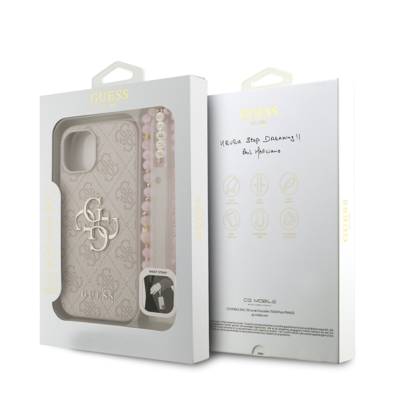 Guess PU 4G Metal Logo Strap Zadný Kryt pre iPhone 15 Pink