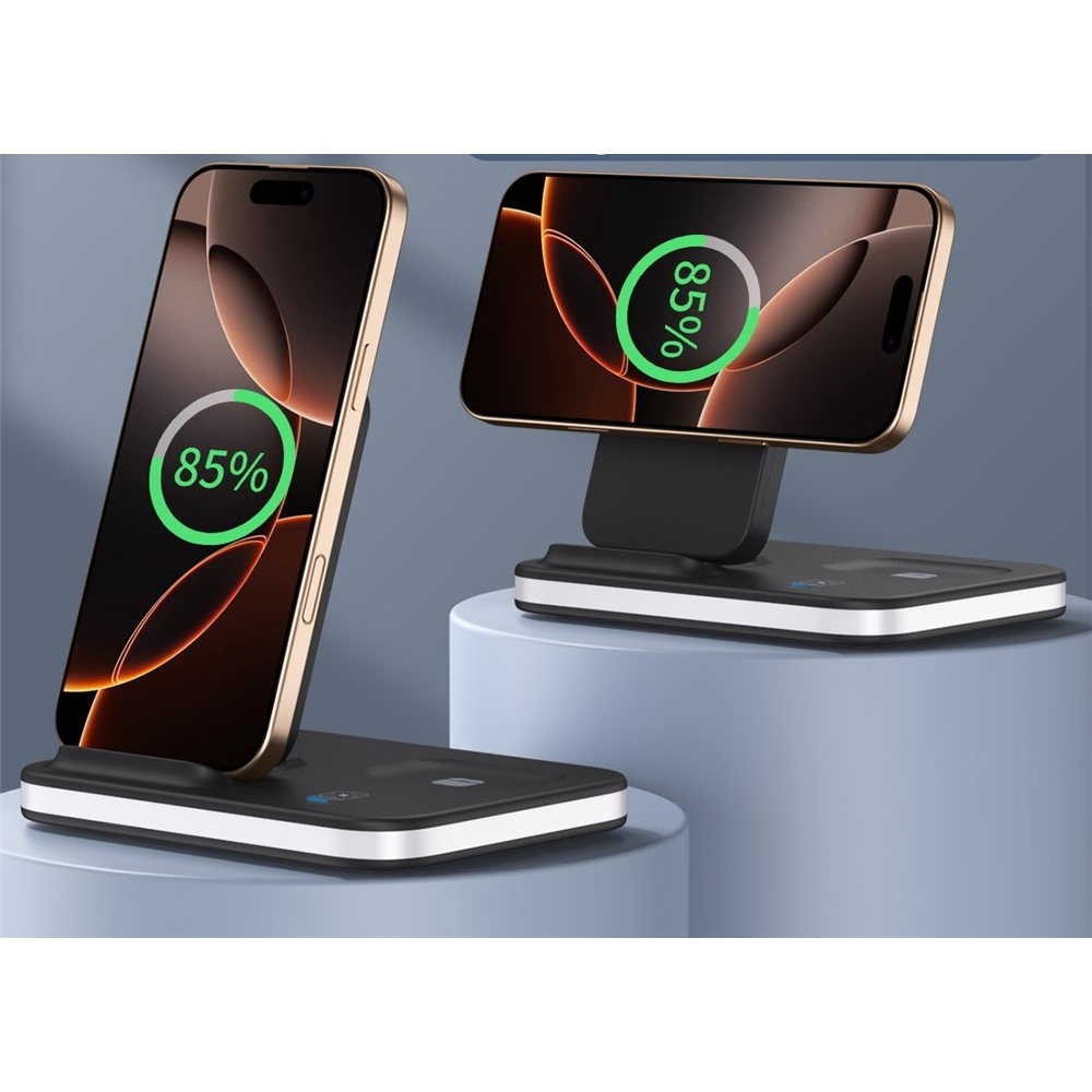 E16 skladacia bezdrôtová nabíjacia stanica 3v1 s nočným svetlom - čierna