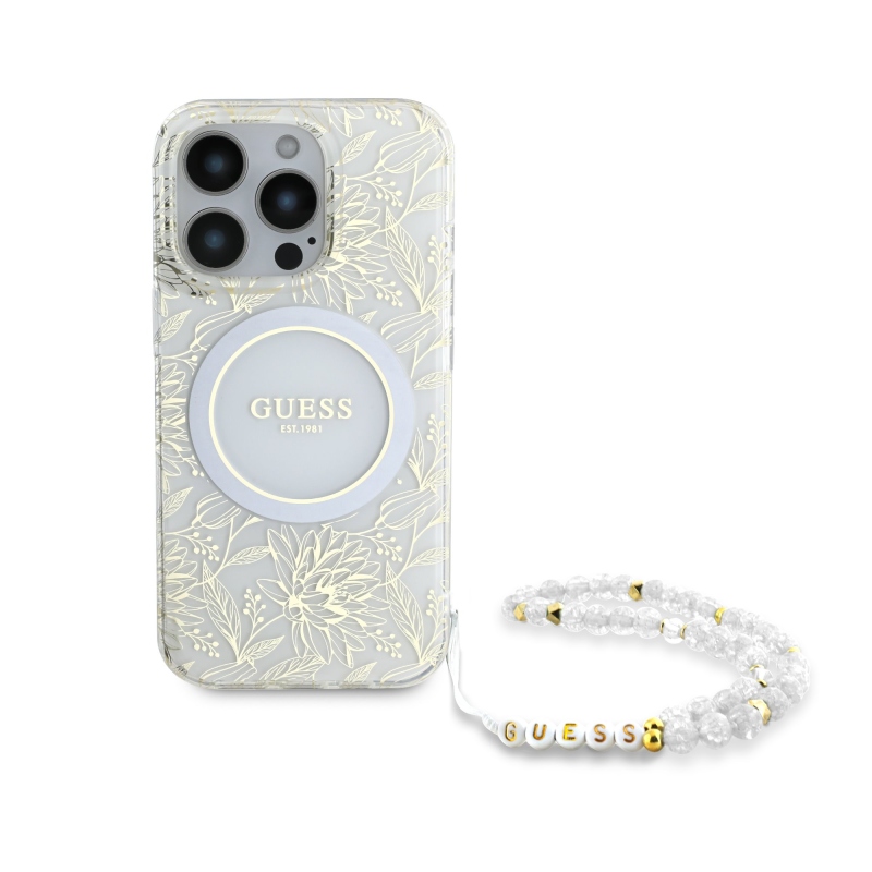 Guess IML Flowers Allover Strap MagSafe Zadný Kryt pre iPhone 16 Pro Max White