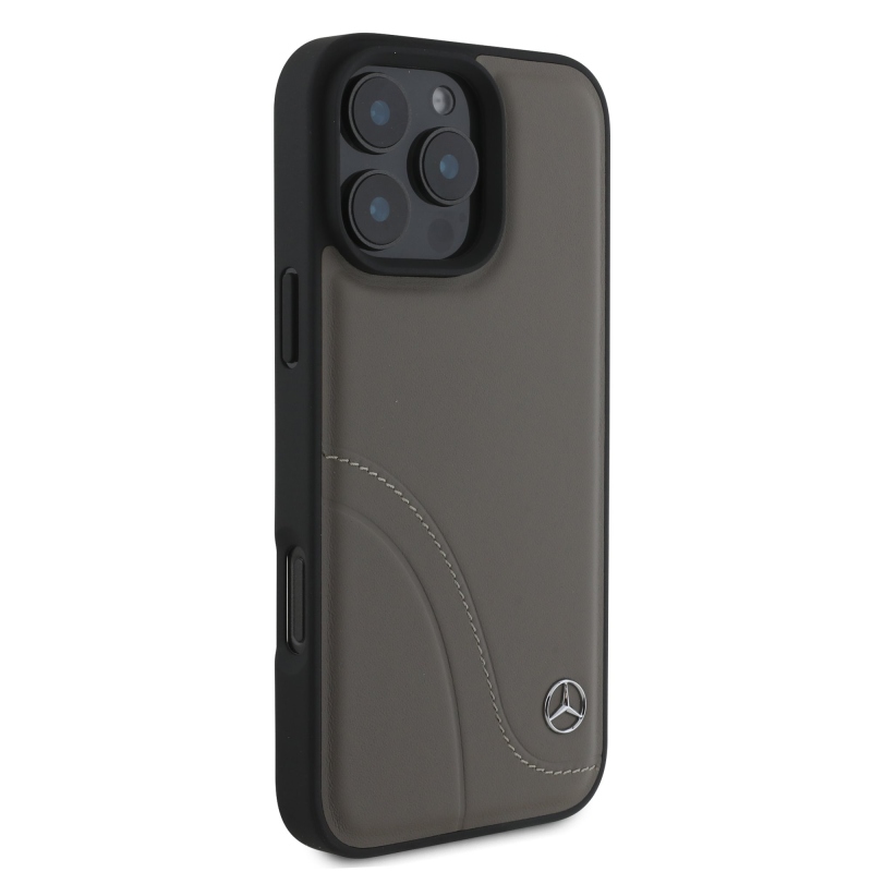 Mercedes Curved Stitches Leather Zadný Kryt pre iPhone 16 Pro Brown