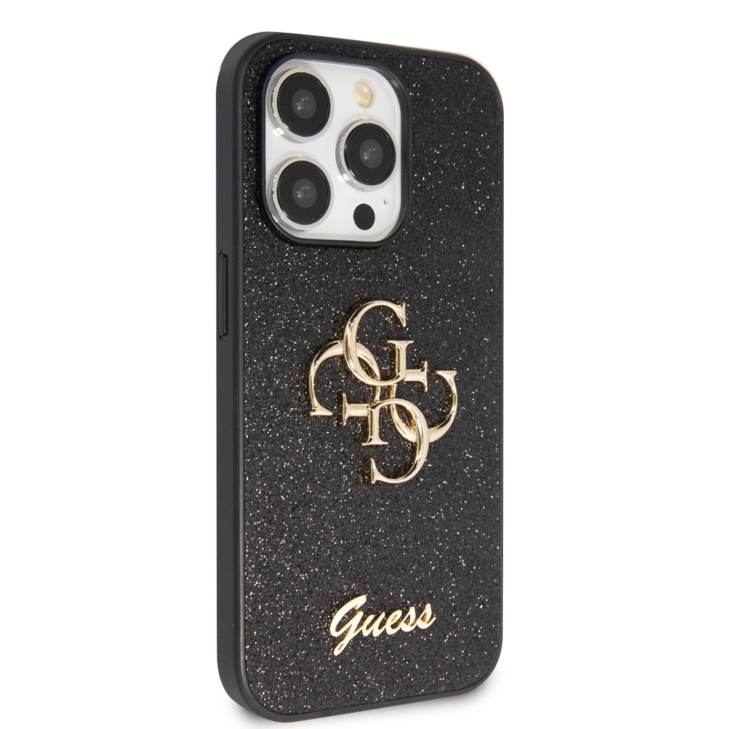 Guess PU Fixed Glitter 4G Metal Logo Zadný Kryt pre iPhone 15 Pro Max Black