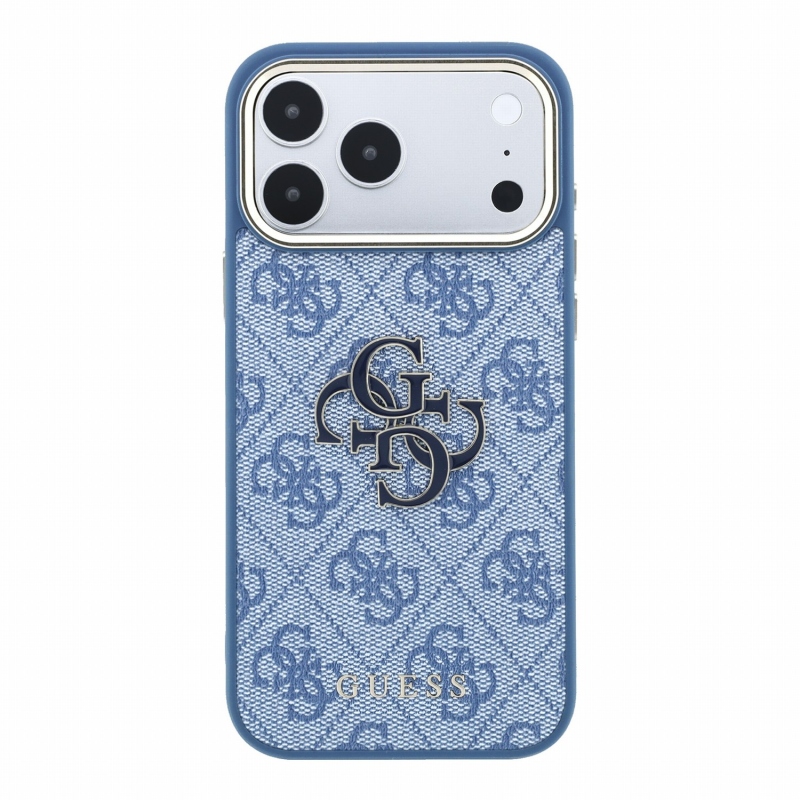 Guess PU 4G zadný kryt s kovovým logom z živice pre iPhone 18 Pro, modrý