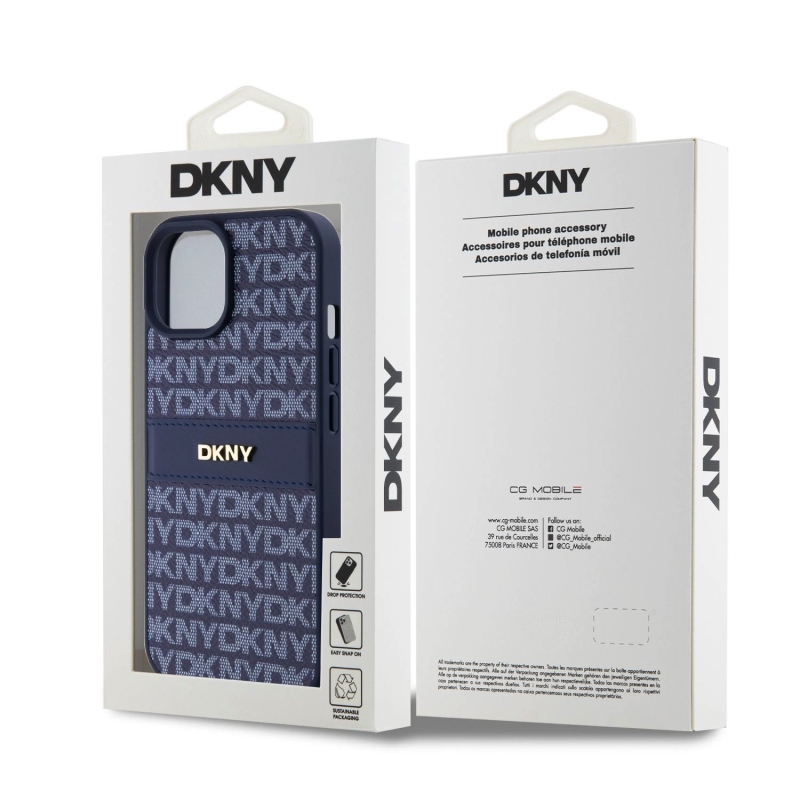 DKNY PU Leather Repeat Pattern Tonal Stripe Zadný Kryt pre iPhone 15 Blue