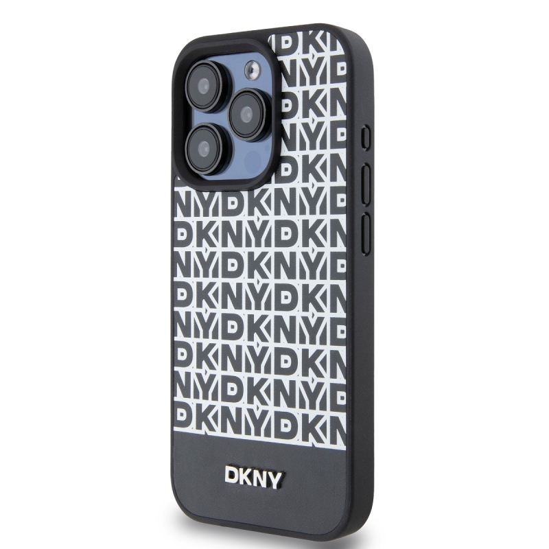 DKNY PU Leather Repeat Pattern Bottom Stripe MagSafe Zadný Kryt pre iPhone 13 Pro Max Black