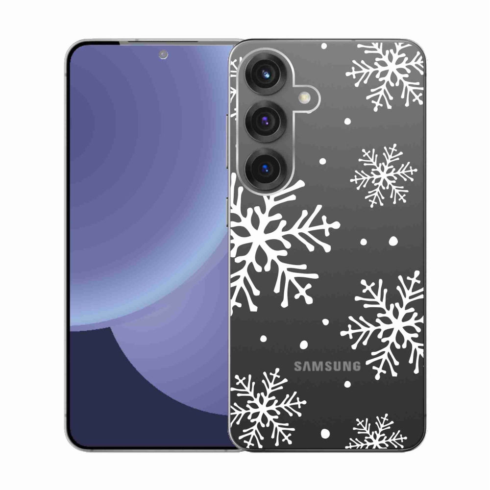 Gélový kryt mmCase na Samsung Galaxy S25 - biele vločky na priehľadnom pozadí