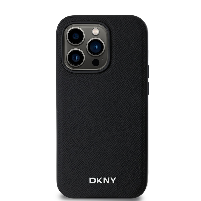 DKNY PU Leather Silver Metal Logo Magsafe Zadný Kryt pre iPhone 14 Pro Black