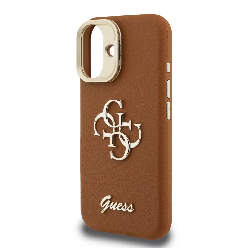 Guess PU Grained 4G Logo Stand Camera Frame Zadný Kryt pre iPhone 16 Brown
