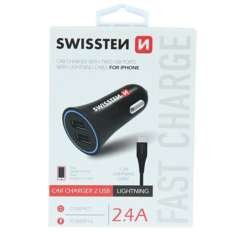 Nabíjačka do auta Swissten CL adaptér 2.4A 2x USB + Lightning kábel - čierna