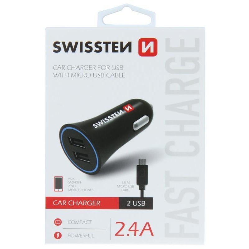 Nabíjačka do auta Swissten CL adaptér 2.4A 2x USB + micro USB kábel - čierna