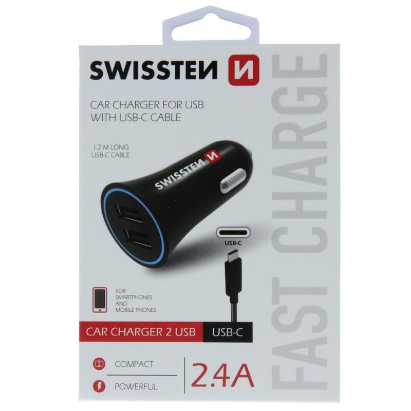 Nabíjačka do auta Swissten CL adaptér 2.4A 2x USB + USB-C kábel - čierna